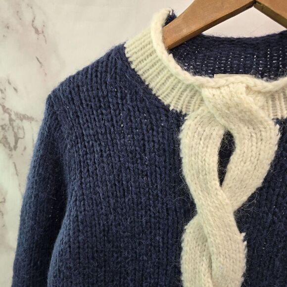 LL Bean Sweater Womens Medium Blue Cream Mohair Wool Cable Knit Roll Neck Twist - Picture 2 of 9